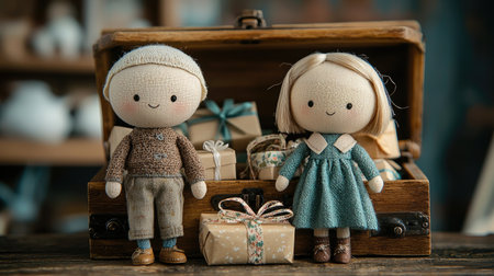 Two adorable handmade dolls stand next to a wooden chest filled with small, wrapped gifts, creating a charming, nostalgic atmosphere.の素材
