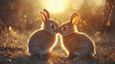 Two adorable rabbits nuzzle each other in a warm, golden glow of sunset, creating a serene and heartwarming scene in nature.の素材