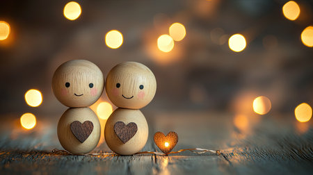 Two wooden figurines with heart designs stand together, illuminated by soft, glowing lights, evoking love and companionship.の素材