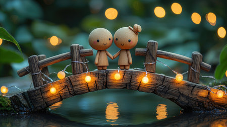A whimsical scene featuring two charming figures on a bridge adorned with glowing lights, surrounded by a lush, serene environment.の素材