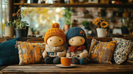 Two adorable plush dolls sit together on a rustic wooden table adorned with colorful cushions and a warm cup, surrounded by plants and a cozy atmosphere.の素材