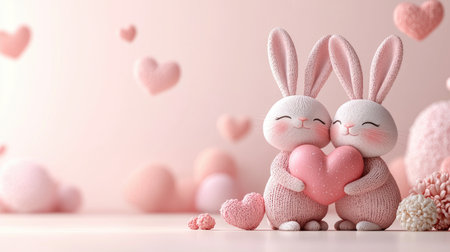 Cute pastel bunnies holding a heart, surrounded by floating hearts, creating a whimsical and romantic atmosphere.の素材