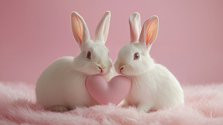 Two adorable white rabbits share a pink heart, set against a soft pink background, symbolizing love and affection.の素材