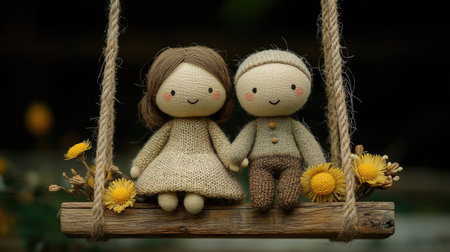 Two adorable, handmade dolls sit together on a swing, surrounded by flowers, evoking a sense of love and companionship in a whimsical setting.の素材