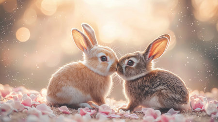 Two adorable rabbits nuzzle each other amidst a backdrop of soft petals, capturing a moment of affection in a dreamy, illuminated setting.の素材