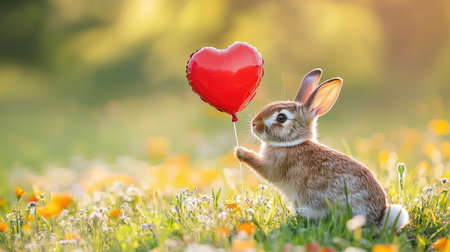 A cute rabbit holds a red heart-shaped balloon in a vibrant flower-filled meadow, capturing a whimsical and joyful moment in nature.の素材
