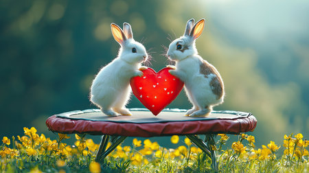 Two adorable rabbits hold a red heart on a spring day, surrounded by flowers, symbolizing love and companionship.の素材