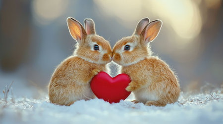 Two adorable rabbits share a red heart, symbolizing love, in a snowy setting, creating a heartwarming scene filled with joy and affection.の素材