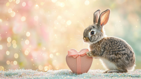 A cute rabbit holding a pink heart-shaped object, set against a dreamy, softly blurred background filled with colorful bokeh.の素材