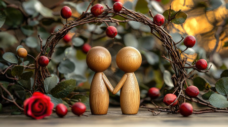 Two wooden figures holding hands under a vine arch adorned with red berries and a rose, symbolizing love and connection.の素材