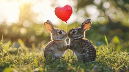 Two adorable rabbits share a tender moment, gazing at each other with a floating heart above them, symbolizing love in a serene outdoor setting.の素材