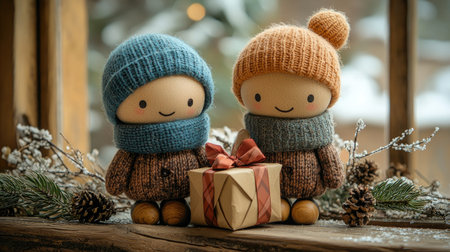 Two adorable dolls in cozy hats and scarves stand beside a gift, surrounded by pinecones, evoking a warm, festive winter atmosphere.の素材