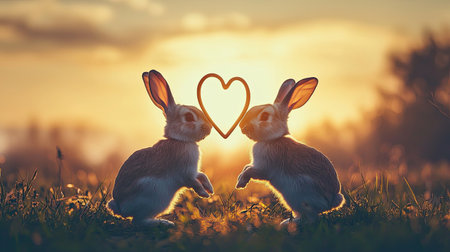 Two rabbits face each other, forming a heart shape with their paws, set against a warm sunset backdrop.の素材