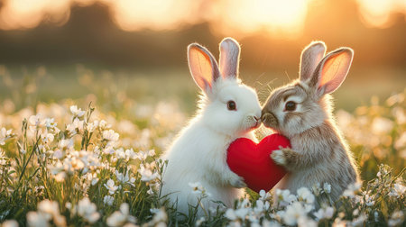 Two adorable rabbits share a heart in a blooming field during sunset, symbolizing love and affection in a serene natural setting.の素材