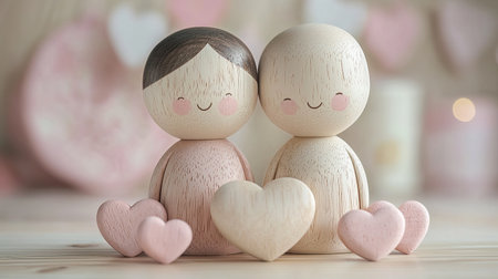 A charming scene of wooden figures representing a couple surrounded by heart decorations, symbolizing love and togetherness.の素材