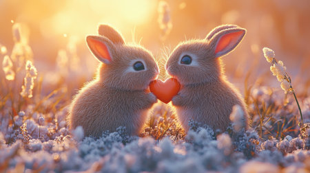 Two adorable rabbits share a tender moment, holding a heart between them, set against a dreamy, warm backdrop of soft colors.の素材