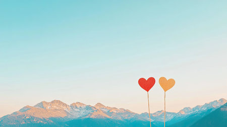 Two colorful heart-shaped balloons float against a serene mountain backdrop under a clear blue sky.の素材