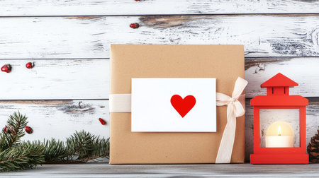 A beautifully wrapped gift with a heart tag, accompanied by a red lantern, set against a rustic wooden background adorned with pine branches.の素材