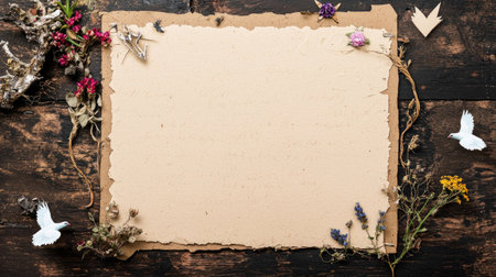 A blank, textured paper surrounded by dried flowers and small decorative elements on a rustic wooden surface.の素材