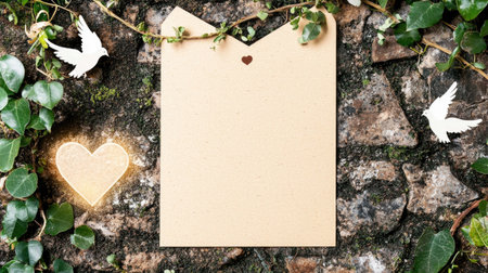 A blank note card surrounded by greenery, hearts, and birds, set against a stone background, perfect for love notes or creative projects.の素材