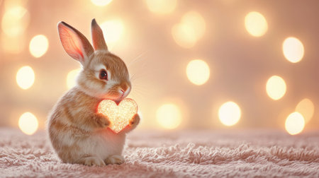 A cute rabbit holds a glowing heart against a soft background of warm, shimmering lights, creating a cozy and affectionate atmosphere.の素材
