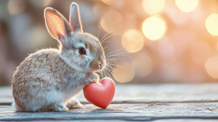 A cute rabbit holds a red heart, surrounded by a soft, glowing background that adds a warm, romantic atmosphere.の素材