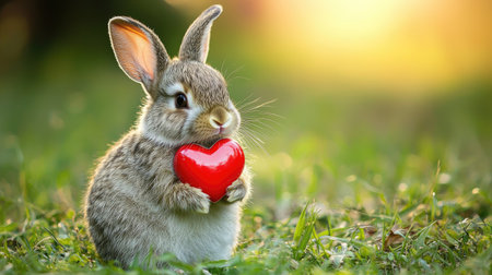 A cute rabbit holds a red heart in a grassy field, bathed in warm sunlight, symbolizing love and affection.の素材