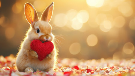 A cute rabbit holds a red heart in a serene, autumn setting filled with soft, warm light and colorful leaves.の素材