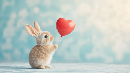 A cute bunny holds a red heart balloon against a soft, blurred background, symbolizing love and affection in a whimsical setting.の素材