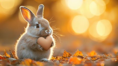 A cute rabbit holds a heart-shaped object amidst a backdrop of warm autumn colors and soft bokeh.の素材