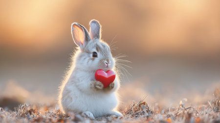 A cute rabbit holds a red heart, set against a warm, blurred background, creating a whimsical and affectionate atmosphere.の素材