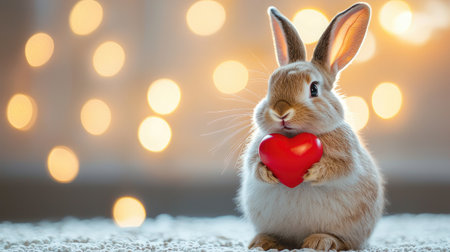 A cute rabbit holds a red heart against a softly blurred background, creating a warm and loving atmosphere.の素材