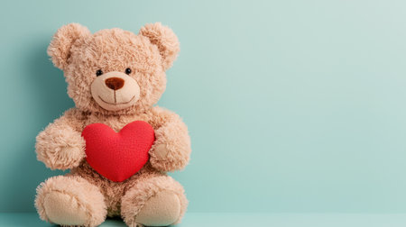 A cute teddy bear holding a red heart sits against a soft blue background, symbolizing love and comfort.の素材