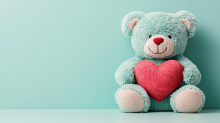 A cute, soft teddy bear with a heart sits against a light blue background, evoking feelings of love and comfort.の素材