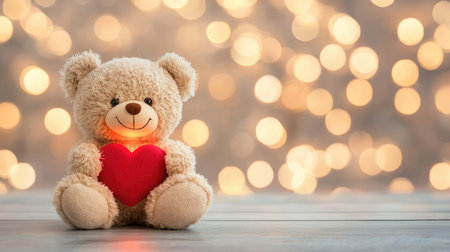 A cute teddy bear holding a red heart, set against a soft, blurred background of warm lights, evoking feelings of love and comfort.の素材