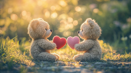 Two teddy bears holding hearts in a serene outdoor setting, symbolizing love and connection amidst a soft, glowing background.の素材