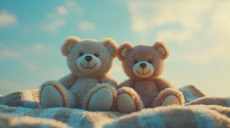 Two cute teddy bears sit together on a blanket under a soft sky, exuding warmth and friendship.の素材