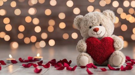 A cute teddy bear holds a red heart, surrounded by rose petals and soft candlelight, creating a warm, romantic atmosphere.の素材