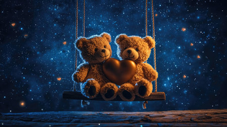 Two cuddly teddy bears sit on a swing under a starry night sky, holding a heart, symbolizing love and friendship.の素材