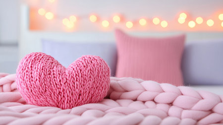 A cozy, pink heart-shaped pillow rests on a chunky knitted blanket, with soft lighting in the background, creating a warm and inviting atmosphere.の素材