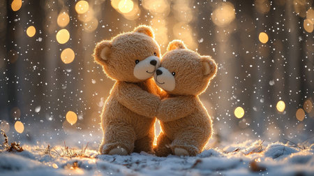 Two adorable teddy bears embrace in a snowy setting, surrounded by soft, glowing lights, evoking warmth and love.の素材
