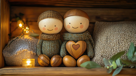 Two charming wooden figures sitting together, surrounded by cozy decor, exuding warmth and affection with a heart shape between them.の素材