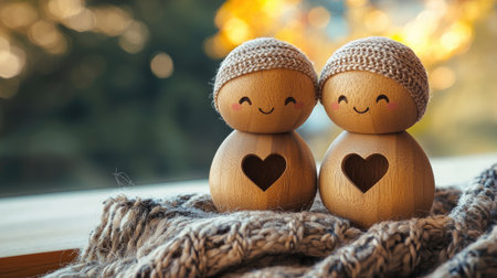 Two charming wooden figurines with heart-shaped cutouts, adorned with knitted hats, sit on a cozy blanket, radiating warmth and affection in a serene setting.の素材