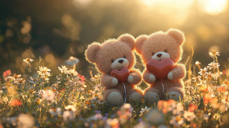Two cute teddy bears hold red hearts amidst a field of colorful flowers, bathed in soft sunlight, evoking a sense of love and warmth.の素材