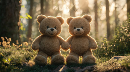 Two adorable teddy bears stand hand in hand in a sunlit forest, surrounded by soft greenery, evoking warmth and companionship.の素材