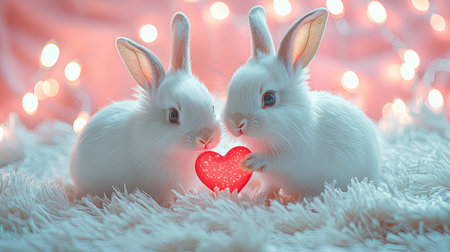 Two adorable white rabbits share a heart-shaped object against a soft, fluffy background with warm, glowing lights, evoking a sense of love and tenderness.の素材