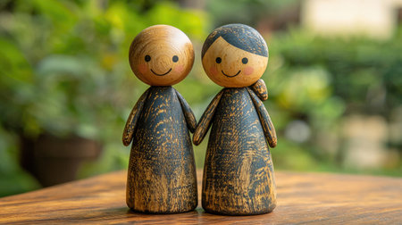 Two charming wooden dolls, holding hands, set against a lush green background, symbolizing love and companionship.の素材