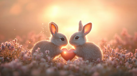 Two cute rabbits share a heart in a dreamy, floral landscape, surrounded by soft light, symbolizing love and affection.の素材