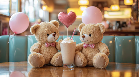 Two cute teddy bears with pink bowties sit together at a table, sharing a milkshake with a heart-shaped decoration and pink balloons in a cozy setting.の素材