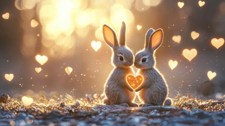 Two adorable rabbits share a heartfelt moment, surrounded by floating hearts and a warm, glowing background, symbolizing love and affection.の素材
